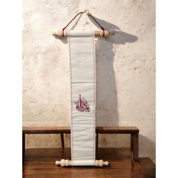 Wine-Themed Embroidered Scroll Wall Hanging With Wooden Rods & Red Cord - Picture 3 of 9